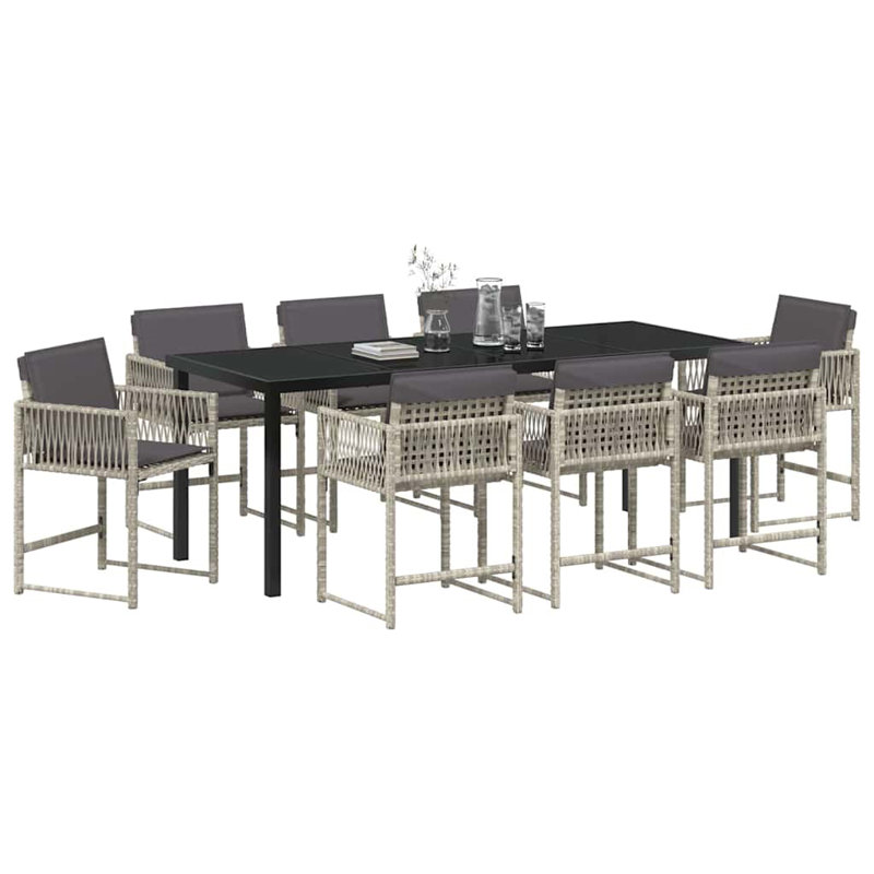 Eliezel 8 - Person Patio Dining Set with Rectangular Table, Grey Cushion/Taupe Frame