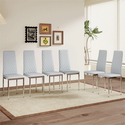 Ensemble de 6 chaises d'appoint pour salle à manger, similicuir gris neutre, pieds en métal argenté, l 15 po x P 15 po x H 38,6 po