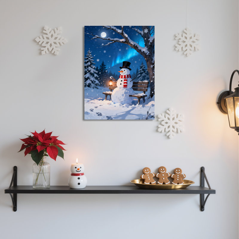 «Snowman Winter Night», art mural sur toile, H 18 po x l 12 po