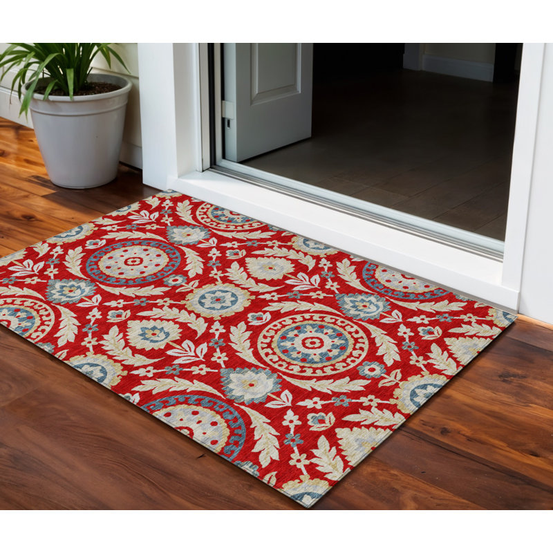 Tapis extérieur lavable floral beige et bleu marine 3 pi x 5 pi