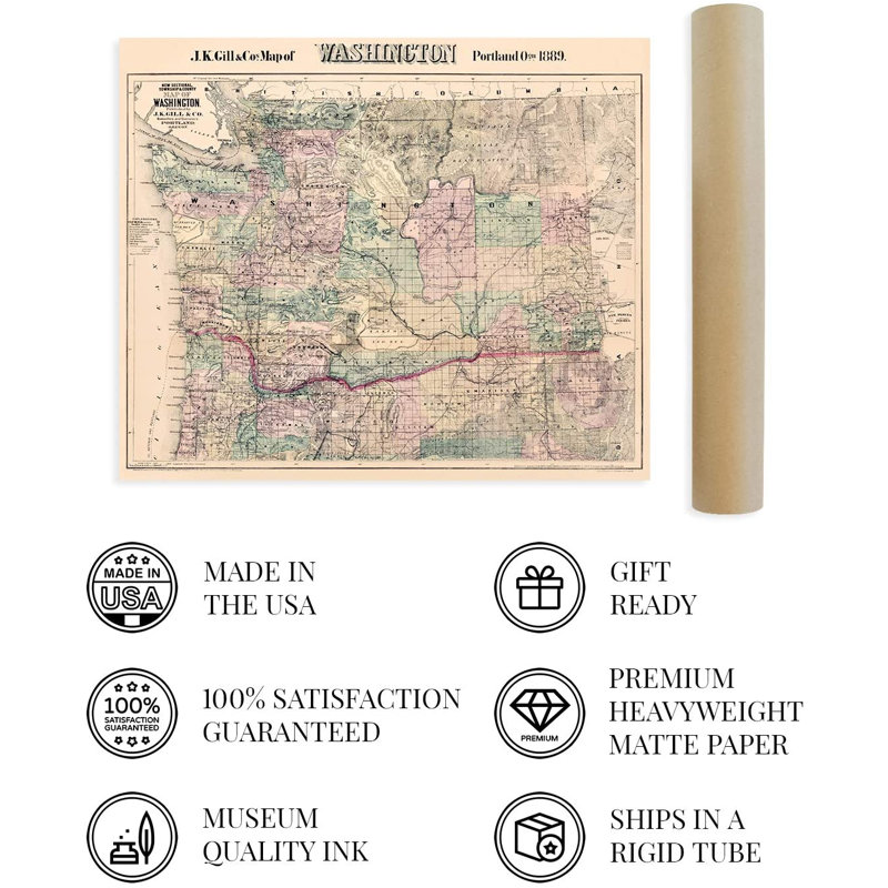 1889 Washington Map, affiche d'art mural, H 20 po x l 24 po x P 0,1 po