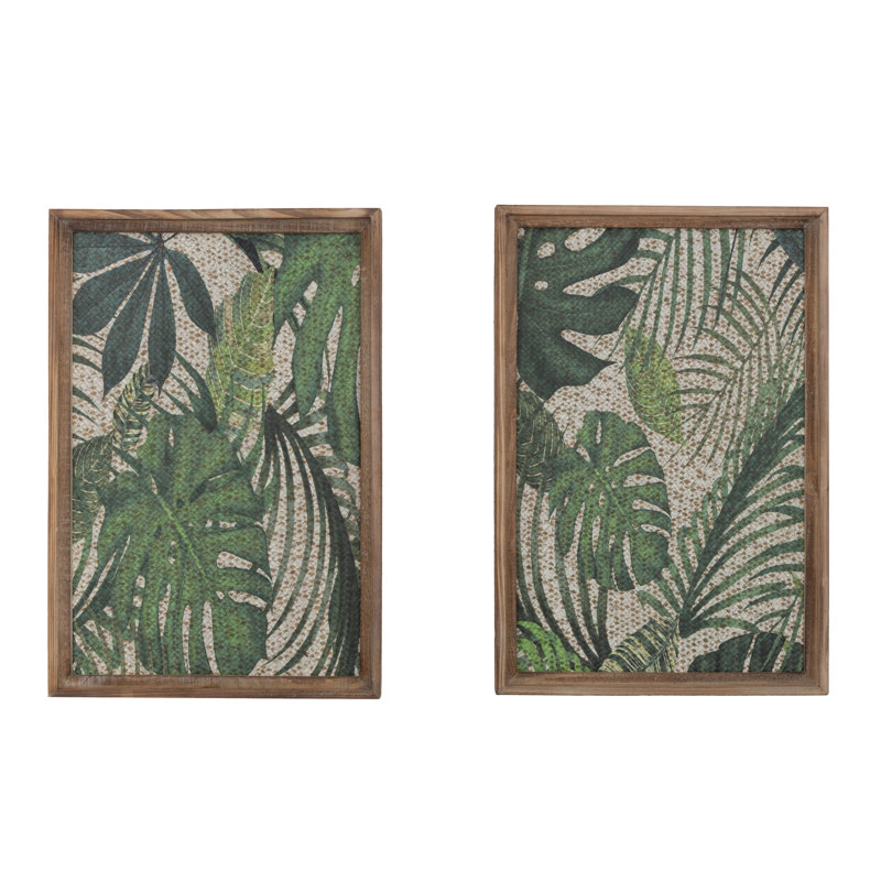 Green Wood Leaf Tropical Home Wall Decor with Brown Frame, Set of 2 17"W, 25"H