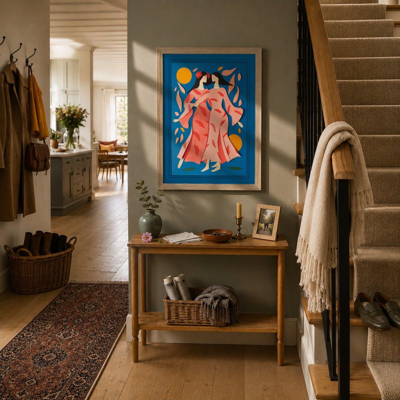 Woman in Coral Robes Modern - Framed Print, A4 - 29.7 x 21.0 cm, Oak