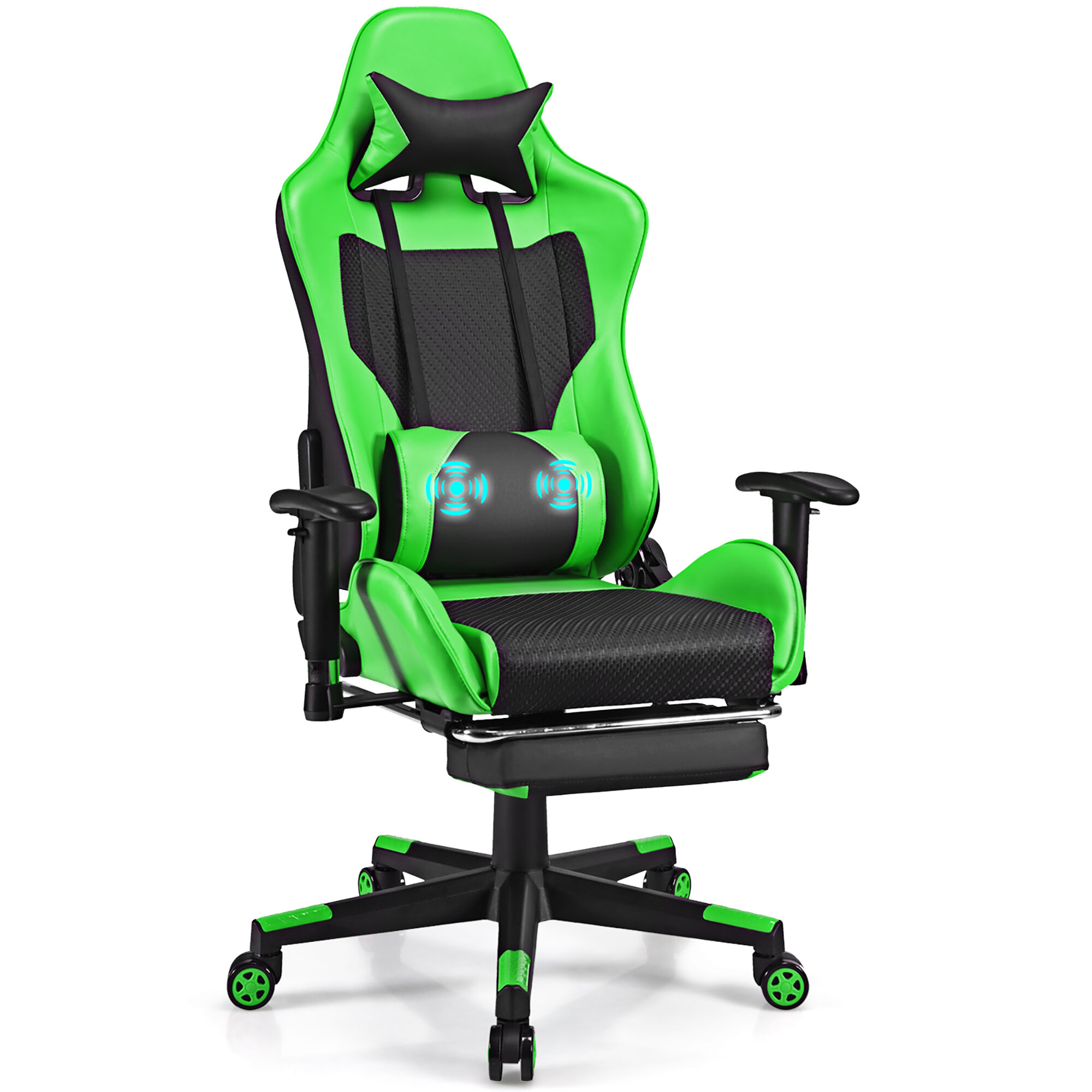 MoNiBloom Gaming Chair PU Leather with Lumbar Support and Armrests, Adult  Gamer Ergonomic Reclining Chair for Home Office, Green 