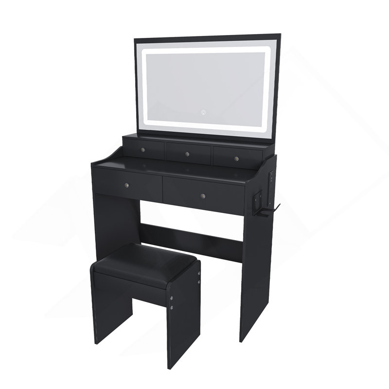 New Large Mirror Vanity Desk For Bed Room,Modern Makeup Vanity Set With Power Outlet And Hair Dryer Holder,5 Drawers,3 Lighting Adjustable Dressing Table For Bedroom,Black