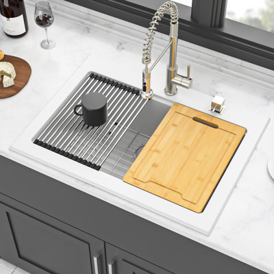 30X22" Drop - In White Granite Kitchen Sink Workstation, Thick Stone, Eliminates Noise, Fits Common Garbage Disposal, With Strainers Workstation In, Composite, Non Scratch, Quiet And Strong, Protects