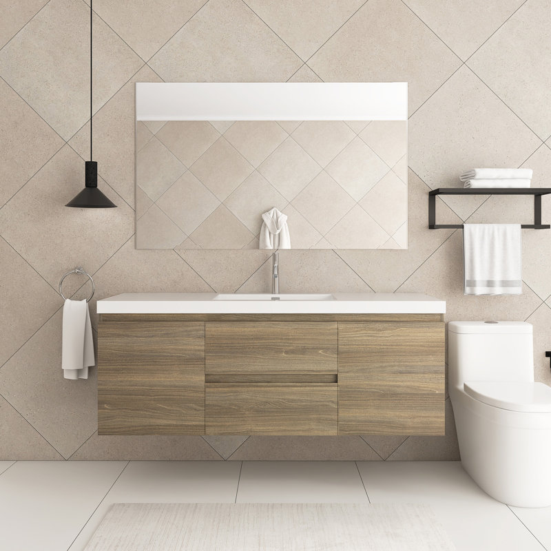 60 po X P 20 po P x 22 po Meuble-lavabo flottant simple H gris cendré avec plateau en résine brillante, Gris cendré