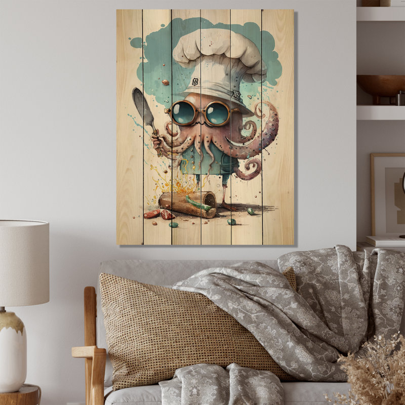 Alyvia Harison Octopus dans la cuisine - impression sur bois sans cadre, H 20 po x l 12 po x P 1 po