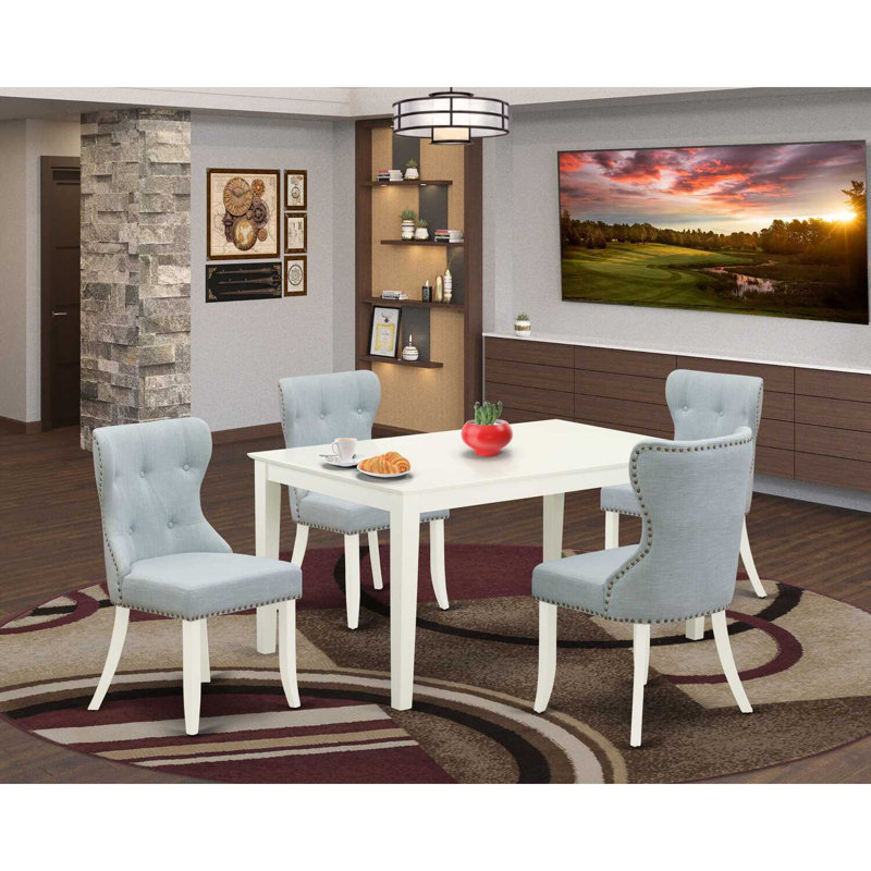 Solid Wood Top - Dining Room Set Seats, Linen White, 5, Baby Blue