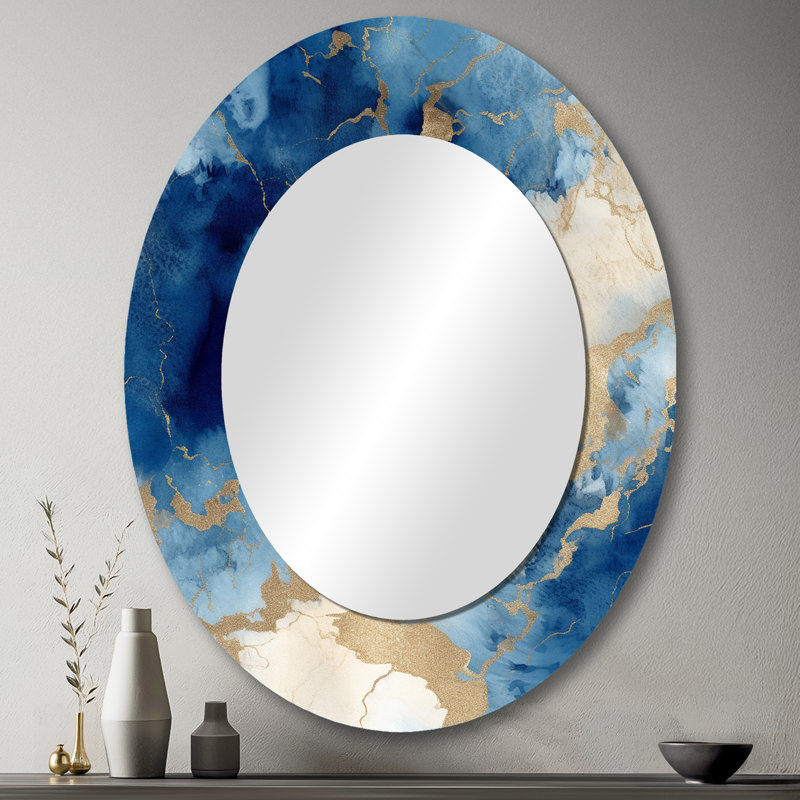 Blue And Gold Marble Clouds X - Blue Modern Oval Wall Mirror, 43" x 33"
