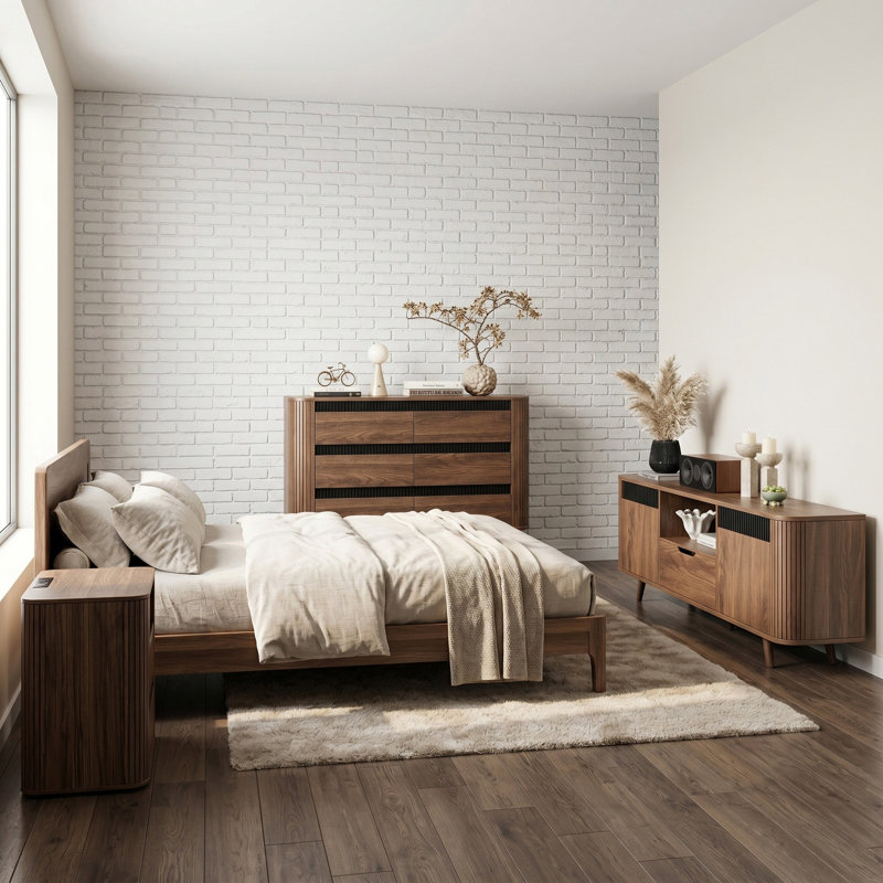 Ensemble de chambre à coucher 4 pièces - Ensemble de commode double 6 tiroirs et table de chevet 2 pièces