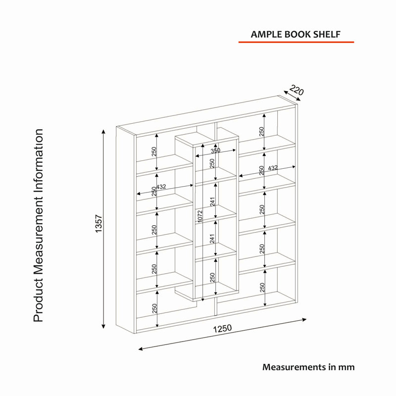 135.7cm H x 125cm W Library Bookcase, Black White