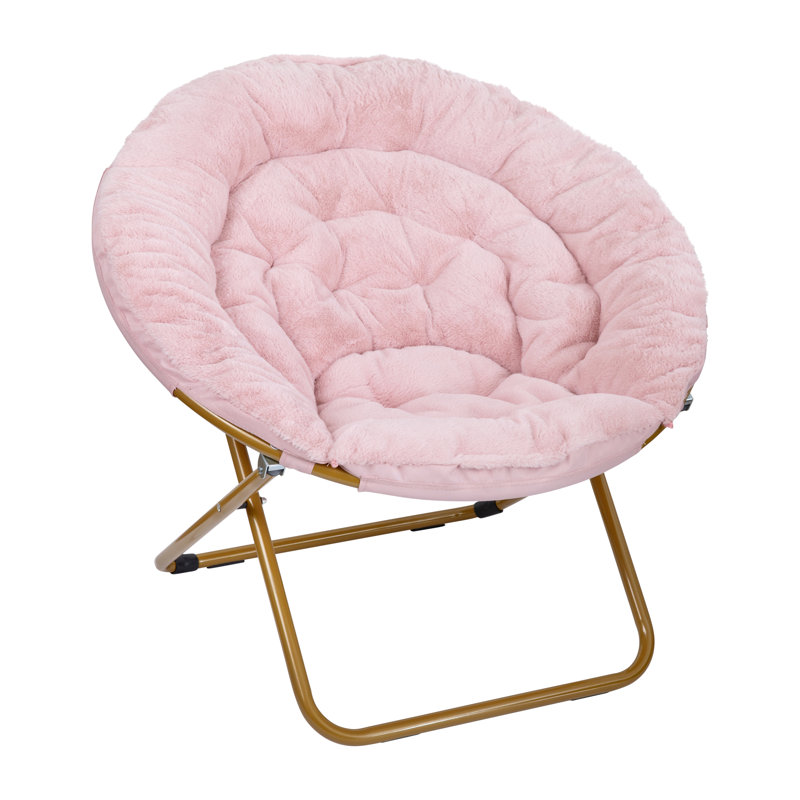 Gwen Folding XL Faux Fur Saucer Chair for Dorm or Bedroom, Pink Polyester, Soft Gold