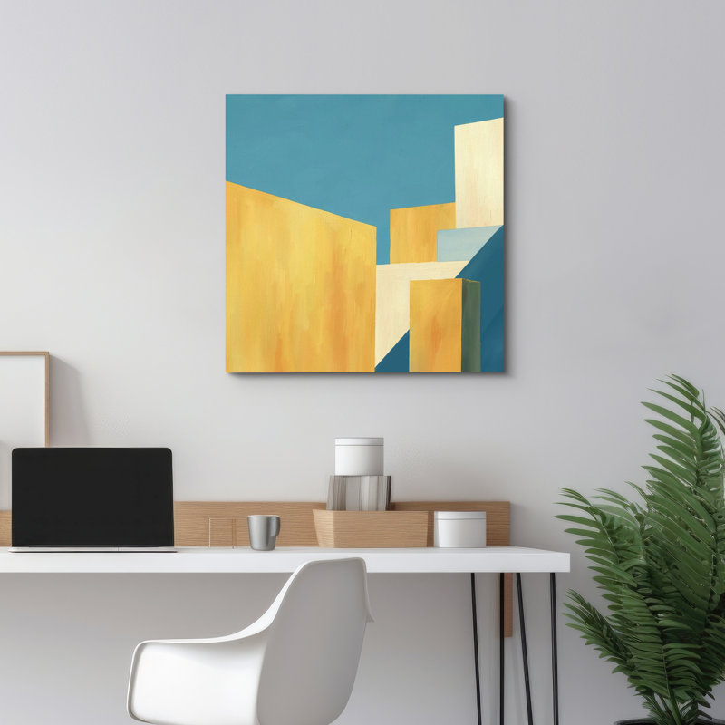 Bâtiments jaunes et bleus, H 12 po x l 12 po, Toile tendue
