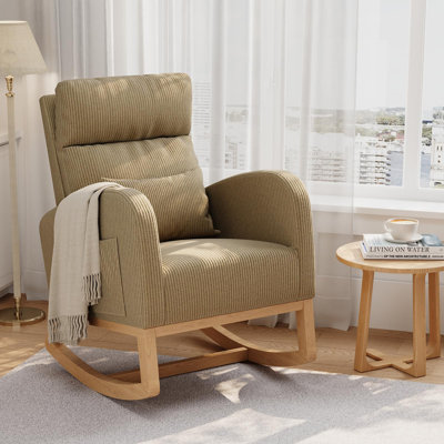 Fauteuil oscillant doux en velours côtelé avec poches latérales et coussin assorti, chaise berçante moderne pour chambre à coucher, brun