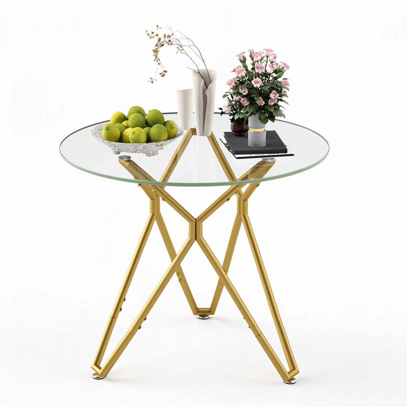 35.4 Inch Round Tempered Glass Dining Table Gold Metal Legs Space Saving Kitchen Dinner Table for 1-4 People
