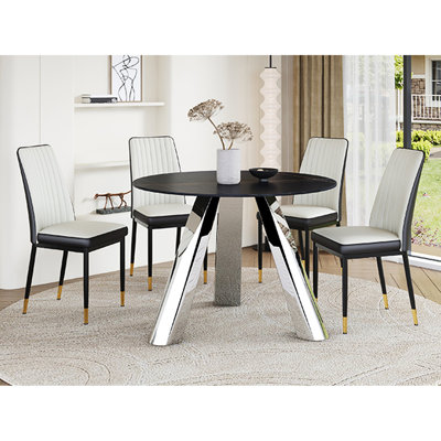5 Dining Featuring 42-inch Round Black Granite Table, Stainless Steel Legs, 4 Pu Seating, High Load Bearing, Simple Cleanup Chairs, Capacity, Cleaning