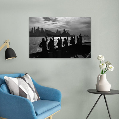 1940S Anonymous Silhouetted Sailors Waving Salute To Passing Usn Battleship At Night New York City Skyline Retro Vintage Abstract City Wall Art