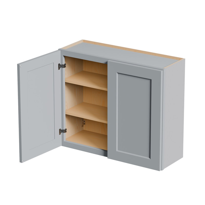 Armoire murale 36 po en bois massif gris avec portes à fermeture douce et tablettes réglables