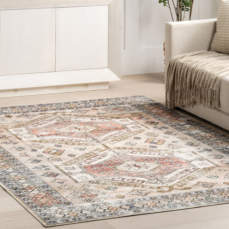 Otis Medallion Machine Washable Area Rug for Living Room Bedroom Dining Room Kitchen, Peach/Ivory, Square 8'