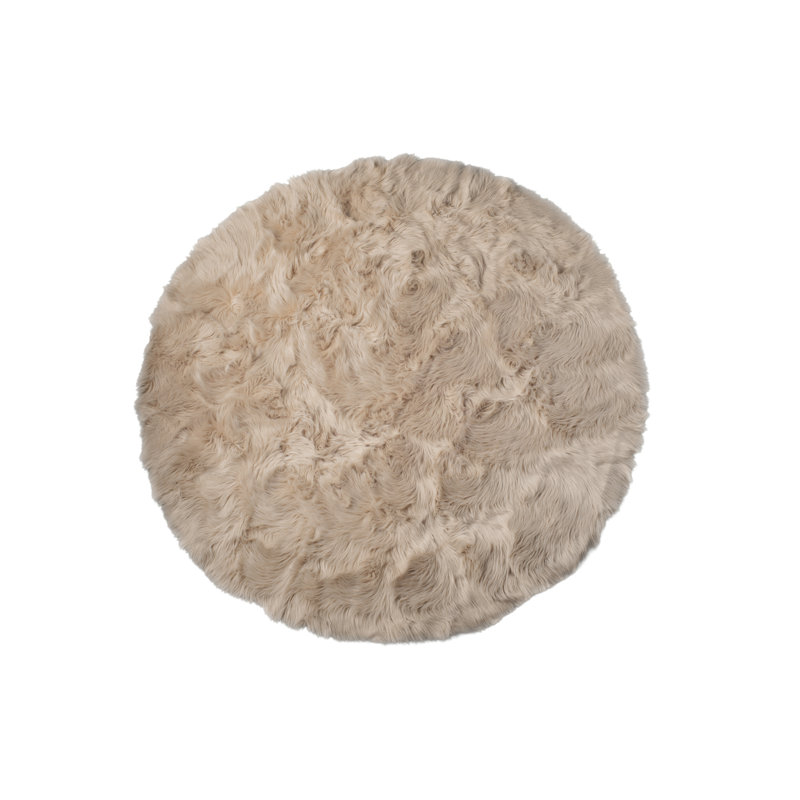 Oguz Taupe Faux Sheepskin Fur Area Rug, Round 6' x 7'