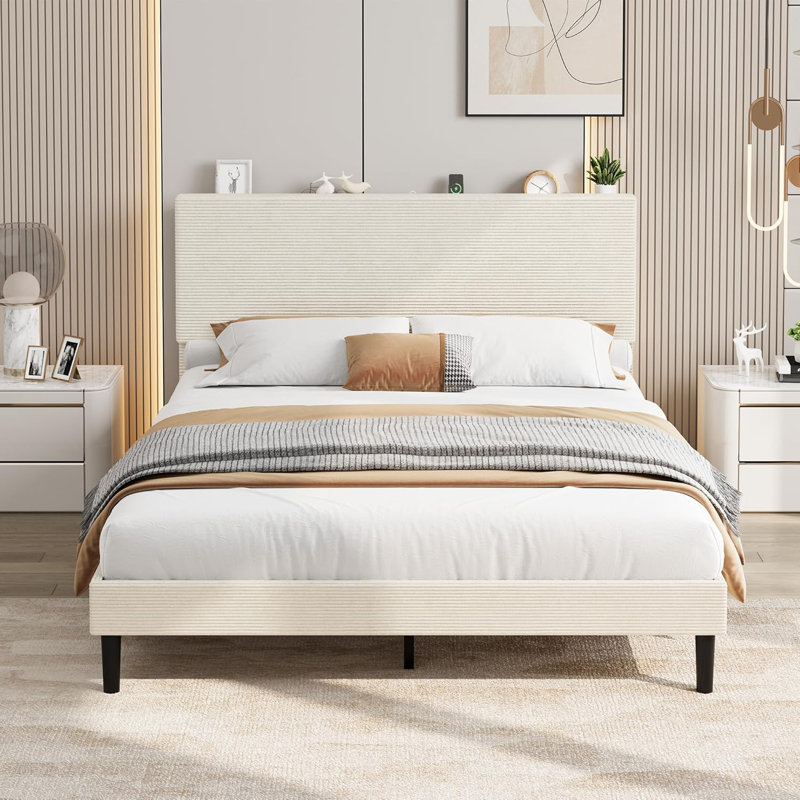 Structure de lit double avec station de charge USB, structure de lit tapissier en velours côtelé avec tête de lit réglable, support de lattes en bois, aucun sommier nécessaire, assemblage facile, beige