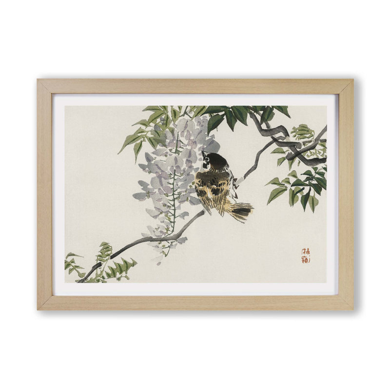 Sparrow On A Branch by Kono Bairei - Single Picture Frame Painting, Oak, 45cm H x 63cm W x 2cm D