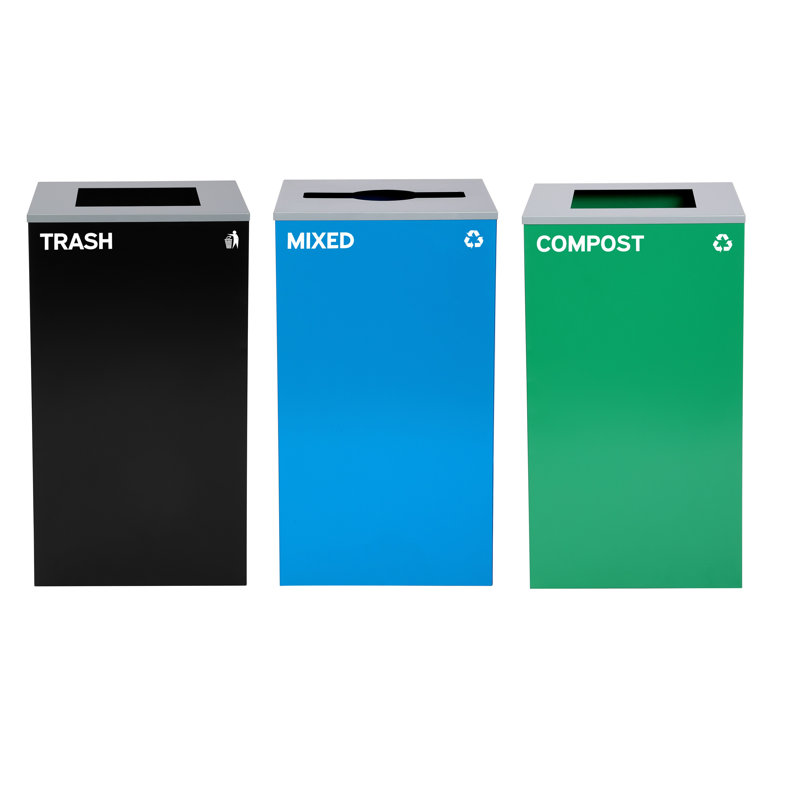 29 Gallon Steel Open Top Mixed, Compost, and Trash Can Set with Square and Mixed Lid