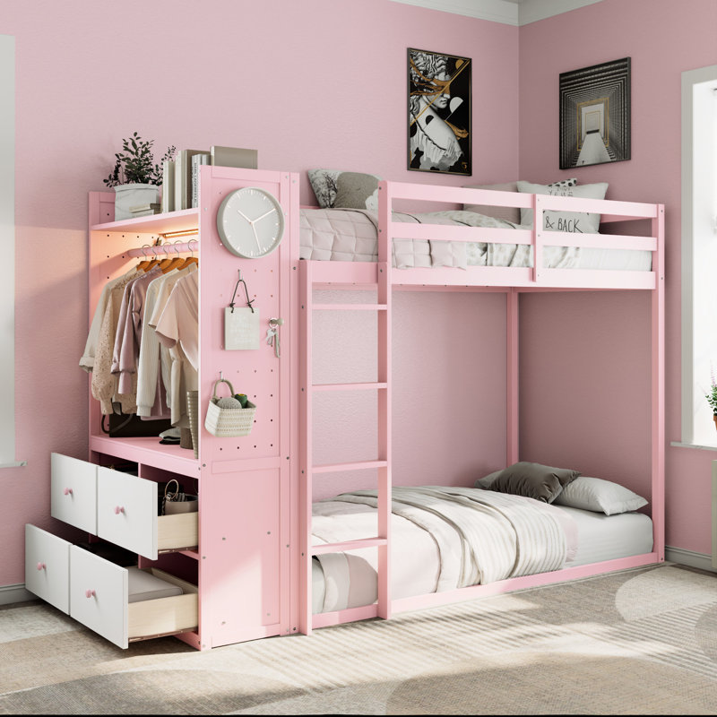 Lit superposé simple rose avec tablettes intégrées, système de rangement double et 4 tiroirs, idéal pour les chambres de frères et sœurs, rail suspendu, bande et tablettes