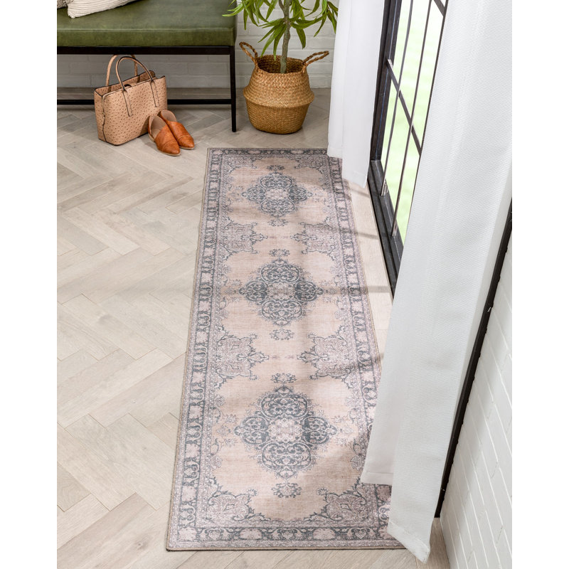 Nile Vintage Machine Washable Flat-Weave Medallion Beige Rug, Runner 63 x 220cm