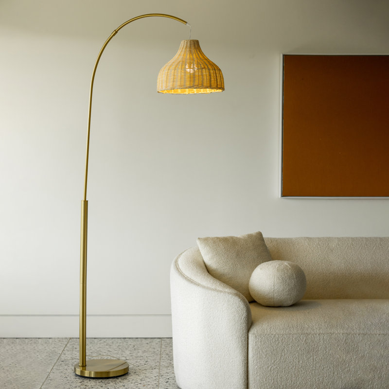 Lark 75 in. Weighted Base LED Arched Standing Floor Lamp with Boho Rattan Shade, Brass
