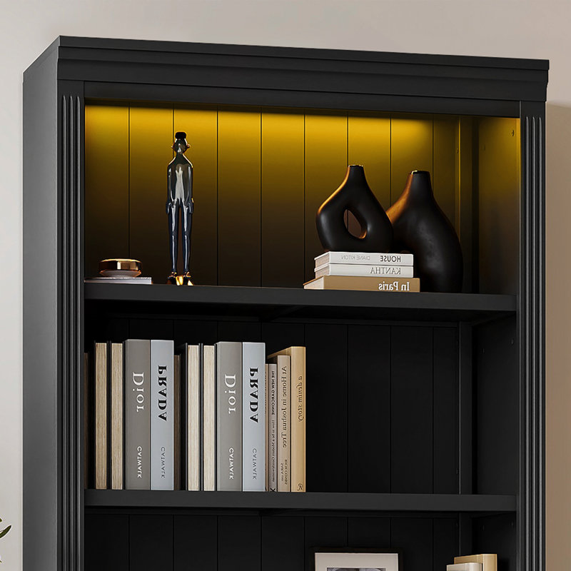 83.4" Tall Wood Bookcase With Light Strip, Black Duplicate 1, 83.4"H x 35.83"W x 15.35"D