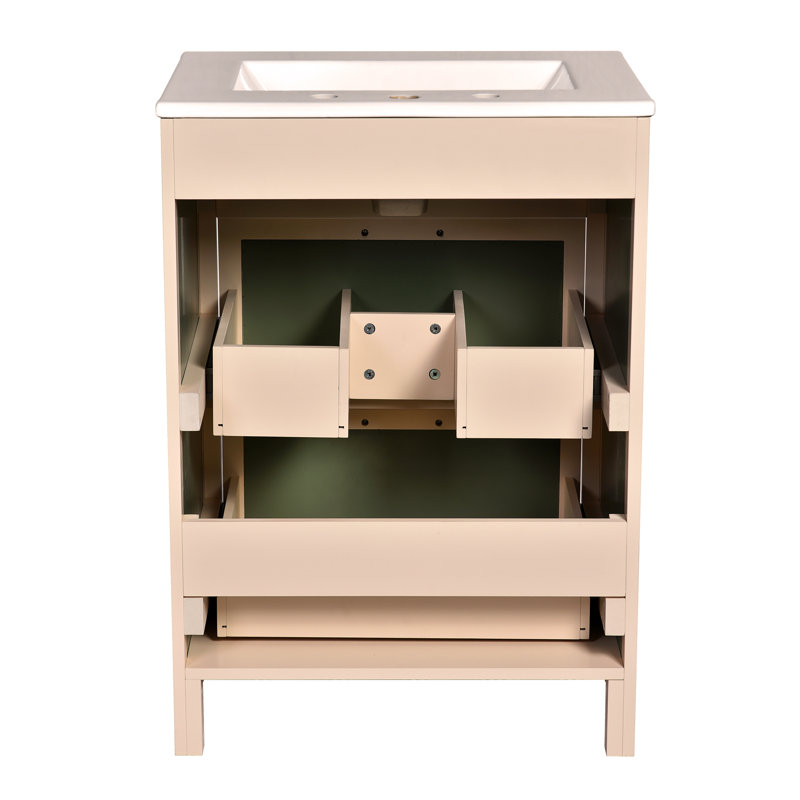 Meuble-lavabo moderne 24 po avec lavabo en céramique, 2 tiroirs et armoire de rangement en bois massif