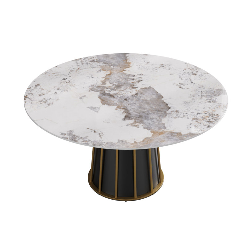 Table de salle à manger moderne 59,05 po en pierre artificielle ronde avec panneau en fer blanc et métal pouvant accueillir 6 à 8 personnes (sans les chaises)