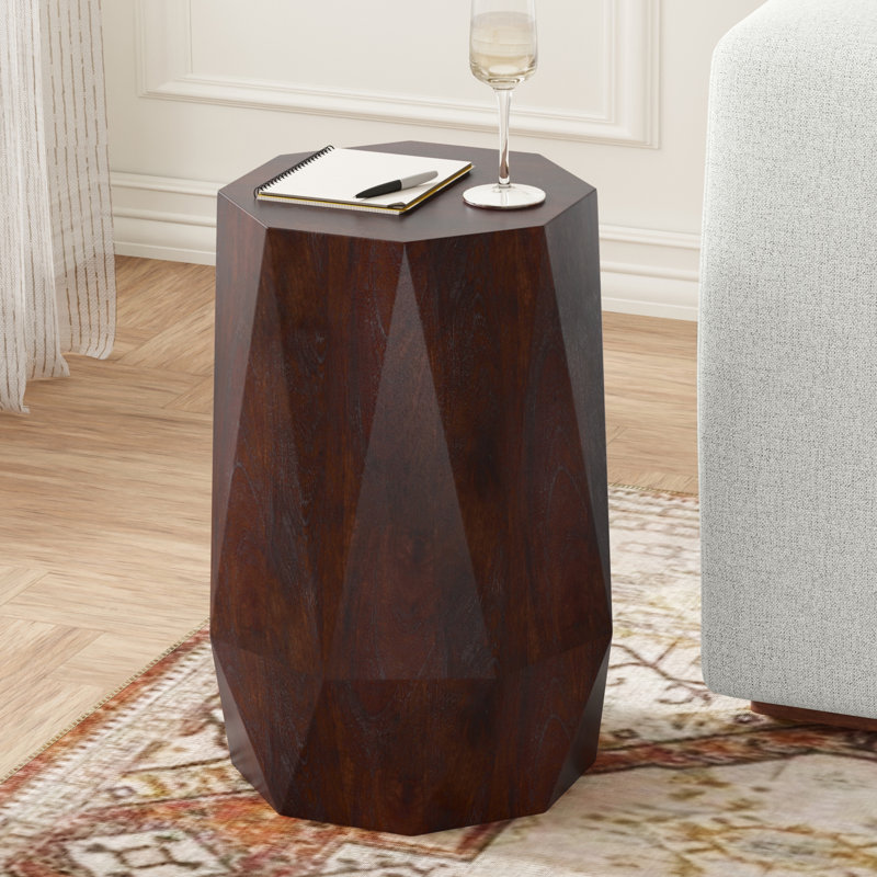 Kurt 15"W Solid Acacia Wood Contemporary Octagon End Table with Asymmetric Faceted Sides, Walnut Brown