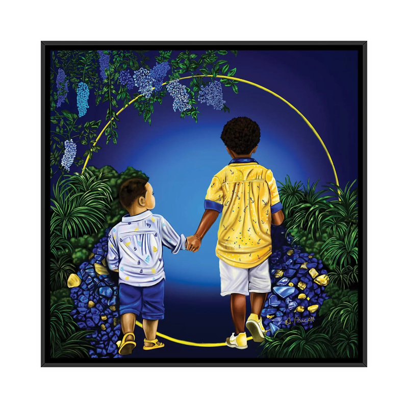 Voyage avec mon frère-reproduction d’art, H 18 po x l 18 po x 1,5 po, Toile avec cadre noir, Pas de tapis