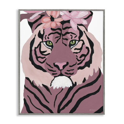 Tigre avec fleurs roses, art de la giclée encadrée par Yvette St. Amant