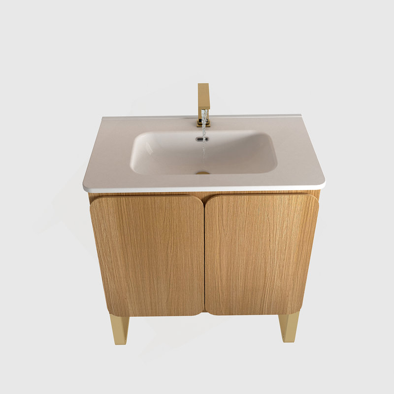 Meuble-lavabo mural autoportant de 30 po en bois clair avec lavabo en céramique, grand meuble de rangement 2 portes et support en métal pour salle de bain moderne, KD
