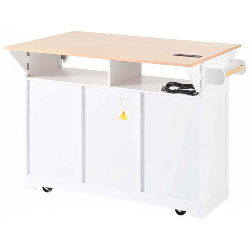 55.7'' Large Kitchen Island With 2 Drop Leaf,5 Wheels With Power Outlet, Folding Storage Dining Table With Spice & Towel Rack
