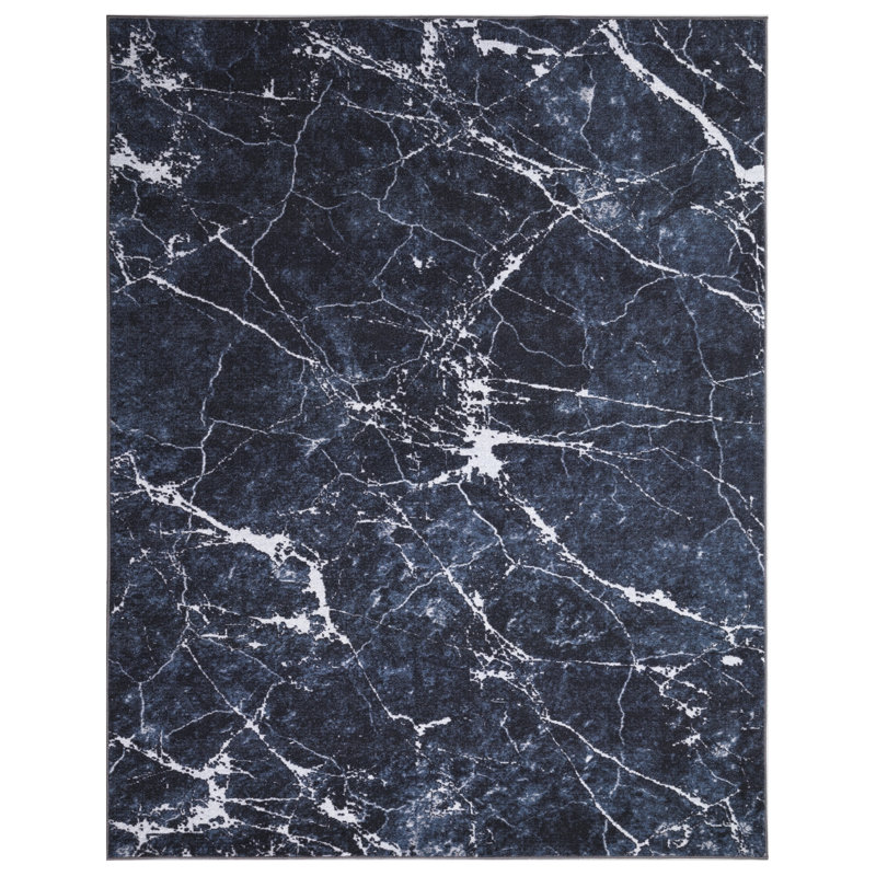 Lyanne Washable Non-Slip Marble Black Area Rug, Rectangle 7'10" x 10'