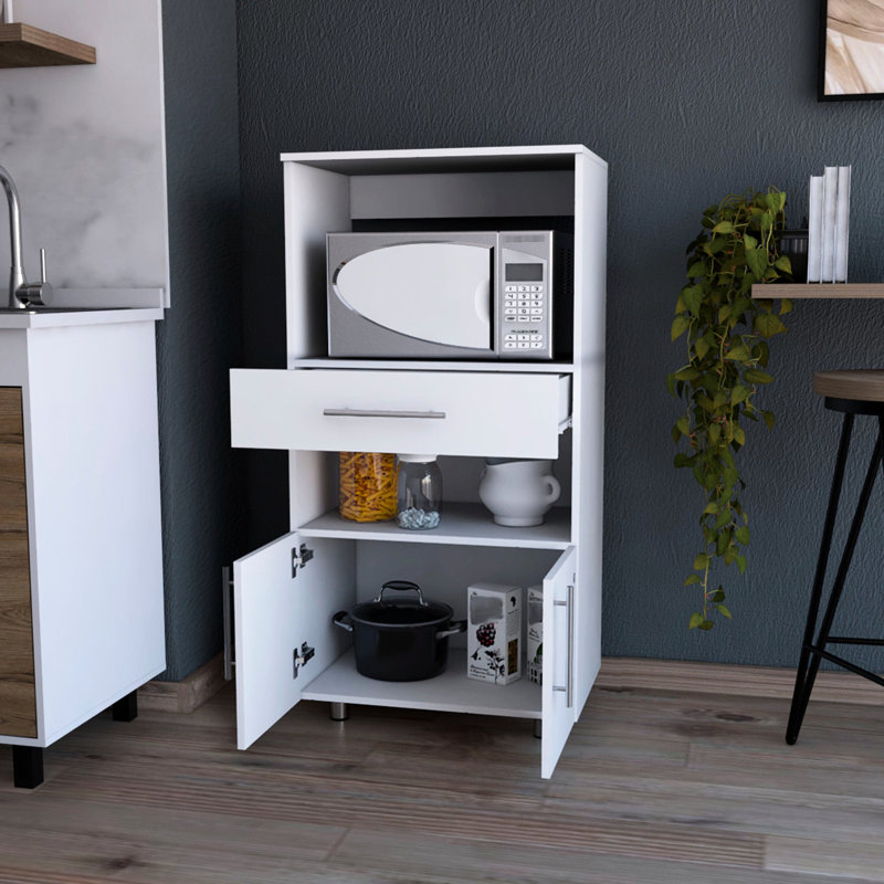 Armoire garde-manger blanche avec support pour four à micro-ondes, avec tiroir et espace de rangement