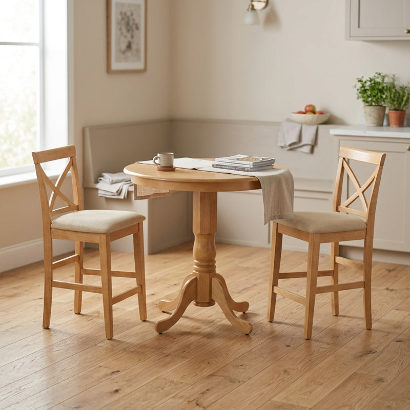 Oak Solid Wood Round Pedestal Counter Height Dining Table Set 5 Piece with 4 Dining Chairs