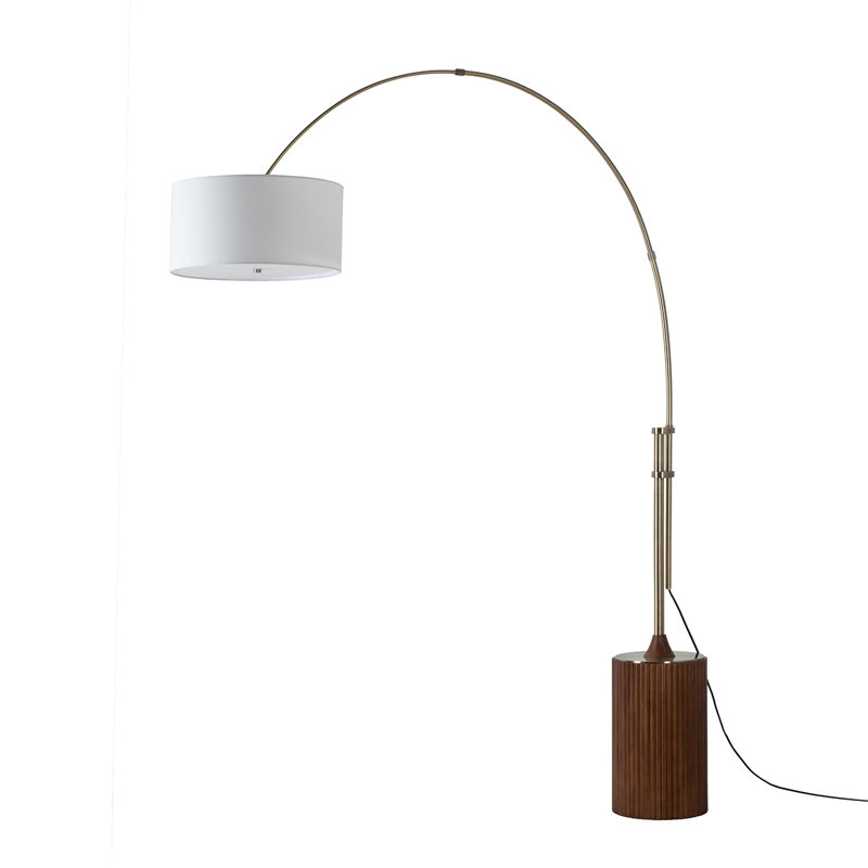 Tambo Arc Floor Lamp - Dark Walnut Wood Finish, Weathered Brass, Tambour base, White Linen Shade, Dimmer, Dark Walnut