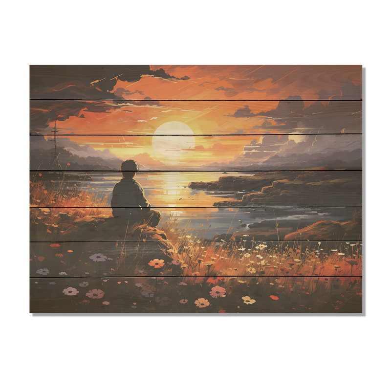 Lever de soleil enfant solutide landdapce III - coucher de soleil côtier sur bois, H 24 po x l 32 po x P 0,78 po