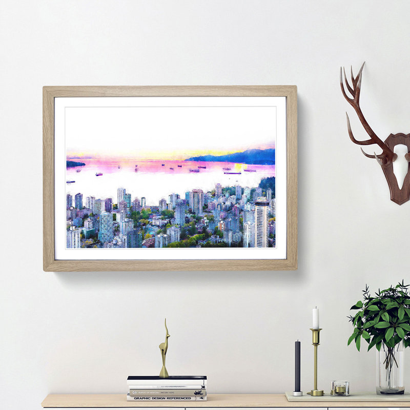 Vancouver Canada Skyline - Picture Frame Painting Print, Oak Framed, 33cm H x 45cm W x 2cm D