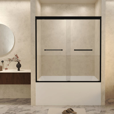 Verre trempé de 56 à 60 po x H 60 po avec film antidéflagrant, porte de douche coulissante à cadre en aluminium, 1/4 po (6 mm), poignée en acier inoxydable, noir mat