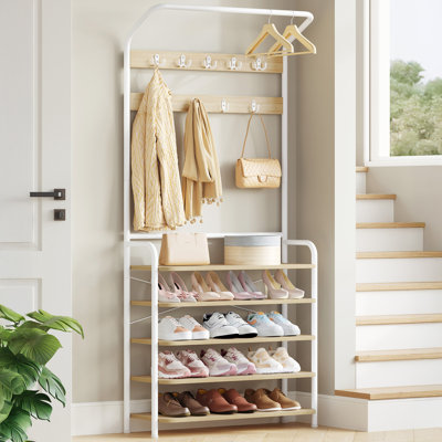 Coat Stand, Coat Rack with Shoe Storage and Adjustable Shelves, FreeStanding Metal Coat Hall Tree with 9 Hooks, 5 Shelves for Hallway, Living Room, Bedroom, Office