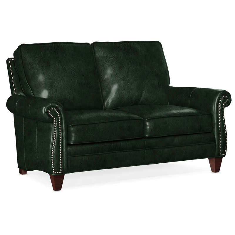 Causeuse à accoudoirs roulés en cuir véritable 65 po, Étain n<sup>o</sup> 9, Cuir véritable vert forêt d'Anilina, Acajou