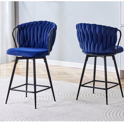 Ensemble de 2 tabourets de bar en velours tressé moderne avec structure en métal, tabouret de comptoir rembourré avec dossier en corde tissée pour îlot de cuisine, bar ou salle à manger - bleu