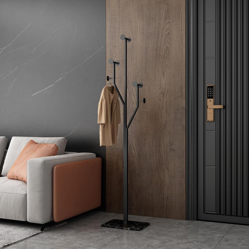 Tree Shaped Metal Coat Rack With Heavy-Duty Marble Base, Black